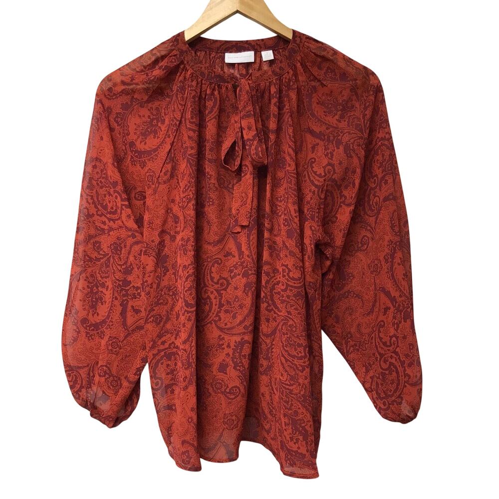 New York and Company Top Womens Small Red Purple Sheer Tie Neckline